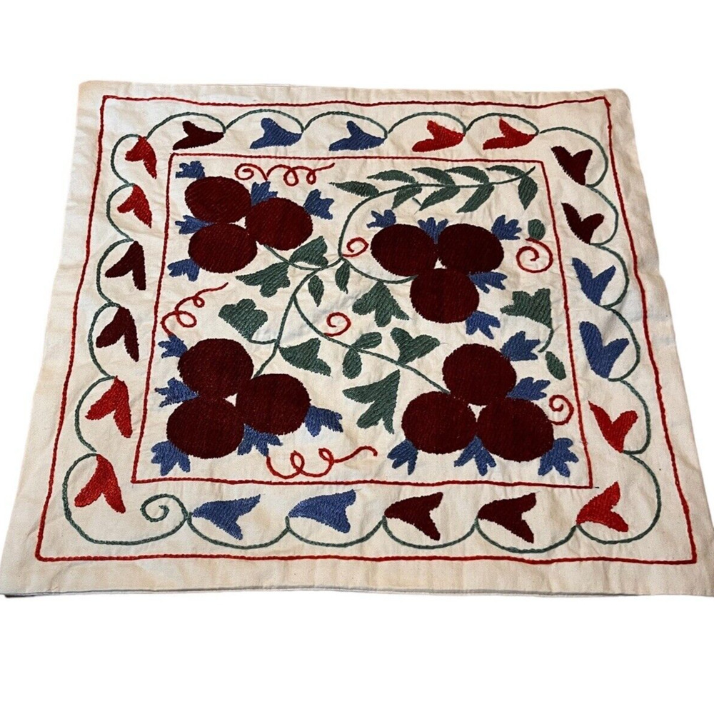 Uzbek Silk Embroidery Lace Pillow Cover, Handmade Suzani Textile Pillow. 17"x19"
